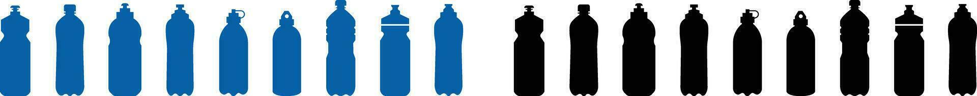 Plastik Flasche schwarz oder Blau Symbol Satz. Vektor eben Stil Zeichen . Container Wasser Flasche zum Sport. natürlich und gesund Lebensstil Konzept Wasser Flaschen- Container Flüssigkeit