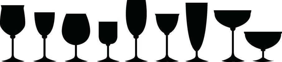 Wein Brille Symbole einstellen einfach Symbol von Bar, Restaurant. verschiedene Wein Glas eben Vektor schwarz Silhouette Sammlung zum Handy, Mobiltelefon Konzept und Netz Design.