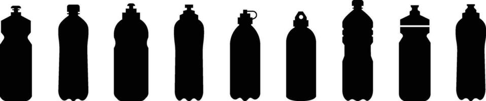 Plastik Flasche schwarz Symbol Satz. Vektor eben Stil Zeichen Container Wasser Flasche zum Sport. natürlich und gesund Lebensstil Konzept Wasser Flaschen- Container Flüssigkeit