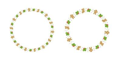 runda pepparkaka småkakor ram gräns uppsättning, jul vinter- Semester grafik. hemlagad sötsaker mönster, kort och social media posta mall på vit bakgrund. vektor illustration.
