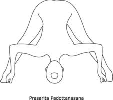flicka håller på med yoga. asana prasarita. linje konst i skiss stil isolerat på vit bakgrund vektor