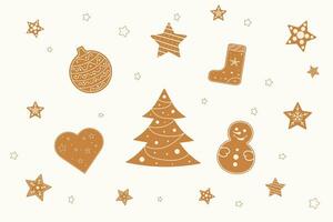 Weihnachten Lebkuchen Kekse. Winter hausgemacht Weihnachten Süßigkeiten im gestalten von Weihnachten Baum, Spielzeuge, Schneemann, Ball, Herz, Karikatur Vektor Illustration