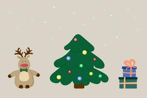 Winter einstellen mit Weihnachten Baum, süß Rentier mit Schmetterling und Geschenke im Karikatur Stil auf Beige Hintergrund mit Schneeflocken. Postkarte, Dekoration, drucken. Vektor. vektor