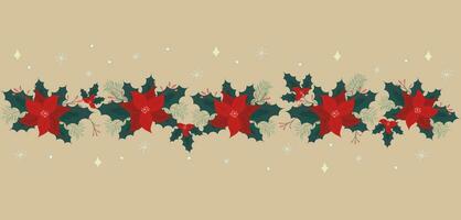Weihnachten Hintergrund mit Girlande von Weihnachtssterne, Beeren, Blätter und Geäst auf Beige Hintergrund. zum Karten, Hintergründe, Drucke. Vektor