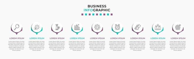 Infografik-Design-Business-Vorlage mit Symbolen und 9 Optionen oder Schritten vektor