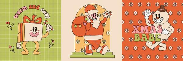 groovig Weihnachten Gruß Karten Satz. Geschenk Kasten, Santa Klaus, Schneemann Zeichen im modisch retro Karikatur Stil. fröhlich Weihnachten und glücklich Neu Jahr Gruß Poster, drucken, Party Einladung. Vektor