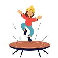en barn hoppar på en trampolin. liten pojke karaktär. barndom och fritid vektor