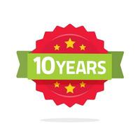 10 Jahre Jahrestag Logo Vorlage mit Grün Band und Nummer, eben Karikatur 10 .. Jahrestag Symbol Etikett, zehn Jahr Geburtstag Party Symbol Rosette oder Briefmarke isoliert auf Weiß vektor