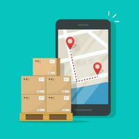 Fracht oder Ladung Lieferung Verfolgung oder Navigation Route auf Handy, Mobiltelefon Telefon Vektor Illustration, eben Karikatur Handy und Stadt Karte Position von Paket Kisten Pakete online, Smartphone mit logistisch Geographisches Positionierungs System