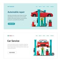 bil reparera garage service webb webbplats mall vektor illustration, platt tecknad serie mekaniker som reparatör person reparation fordon i verkstad baner modern design, arbetstagare man under lyft bil