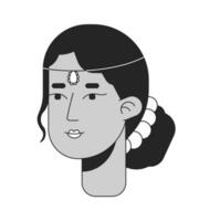 vuxen indisk kvinna med bulle frisyr svart och vit 2d linje tecknad serie karaktär huvud. söder asiatisk lady bär Smycken isolerat vektor översikt person ansikte. enfärgad platt fläck illustration