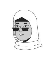 gen z hijab kvinna ung vuxen svart och vit 2d linje tecknad serie karaktär huvud. solglasögon flicka muslim isolerat vektor översikt person ansikte. scarf hijab mode enfärgad platt fläck illustration