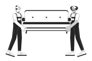 olika män möbel flyttare svart och vit tecknad serie platt illustration. rör på sig företag arbetare bärande soffa 2d linjekonst tecken isolerat. omlokalisering service svartvit scen vektor översikt bild