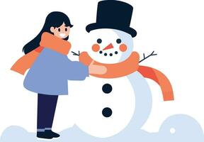 Hand gezeichnet Kind Charakter spielen mit Schneemann im Winter im eben Stil vektor