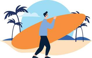hand dragen turist tonåring tecken är spelar surfingbrädor på de hav i platt stil vektor