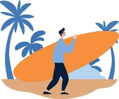 Hand gezeichnet Tourist Teen Zeichen sind spielen Surfbretter beim das Meer im eben Stil vektor