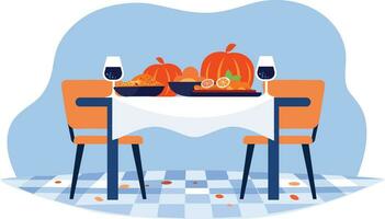 Hand gezeichnet Essen Tabelle im das Herbst Konzept im eben Stil vektor