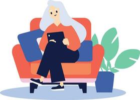 hand dragen äldre kvinna Sammanträde på de soffa använder sig av en smartphone i platt stil vektor