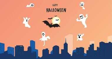 en halloween hälsning kort. spöken och fladdermöss flyga över de natt stad. vektor illustration.