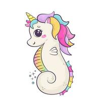 Regenbogen Seepferdchen mit Einhorn Horn. komisch Karikatur kawaii Charakter isoliert auf Weiß Hintergrund. vektor