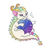 das Regenbogen Drachen Umarmungen das Planet mit es ist Pfoten. komisch Karikatur kawaii Charakter isoliert auf Weiß Hintergrund. vektor