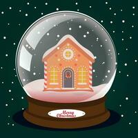 Schnee Globus mit Lebkuchen Haus und Schneeflocken. Vektor Illustration