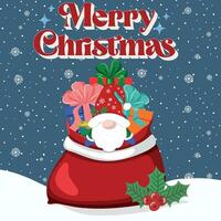 jul hälsning kort med söt glad gnome och med jultomten väska. de begrepp av glad jul. vektor illustration i tecknad serie stil