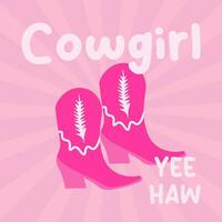retro vykort cowgirl. rosa stövlar och fas cowgirl på en rosa bakgrund. vektor illustration