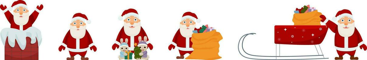 Vektor Illustration einstellen Santa Klaus, Karikatur Kaninchen, Tasche von Geschenke, ein Schlitten, ein Kamin auf ein Weiß Hintergrund.