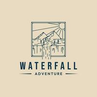 Wasserfall Logo Linie Kunst Vektor Illustration Design , Berg , Sonne , und Kiefer Logo mit Emblem Vektor Illustration Design