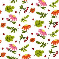 vektor sömlös mönster med höst element - bär, löv, grenar, blommor. manuell Ansökan av naturlig textur. platt textur med tecknad serie element av rosa, gul, orange färger på en vit