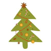 grön jul träd med vinter- krydda dekoration. orange, pepparkaka, småkakor, godis sockerrör, anis stjärna och kryddnejlika. xmas gran träd, tall träd platt vektor design för mall, kort, vykort.