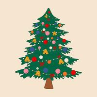 Weihnachten Baum im Karikatur Stil Vektor Illustration. dekoriert Grün Tannenbäume mit Geschenk Kisten, Weihnachten Stern, Bälle, Süßigkeiten und Beleuchtung. glücklich Neu Jahr Konzept
