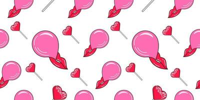 vektor sömlös mönster av hjärta godis, mun och bubbla tandkött på vit bakgrund. kopia över trendig rosa illustration. mönster för skriva ut, textil- eller vykort för valentines dag, kvinna s dag