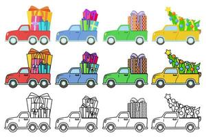 Lastwagen liefern Weihnachten Geschenke, Geschenk und Weihnachten Bäume. Linie Kunst und bunt Vektor Auto Illustrationen.