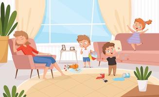 Spiele im Wohnzimmer hyperaktive unordentliche Kinder spielen vektor