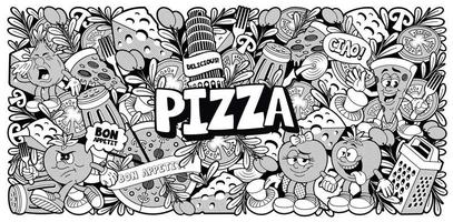 Schwarz-Weiß-Doodle-Hintergrund für ein Pizzeria-Thema vektor