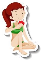ein Mädchen mit grünem Bikini isst Apfel-Cartoon-Aufkleber vektor