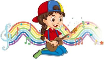 flicka som spelar gitarr med melodisymboler på regnbågsvåg vektor