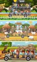 verschiedene Safari-Szenen mit Tier- und Kinder-Zeichentrickfigur vektor