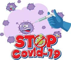 stopp covid-19-logotyp med covid-19-vaccinflaska och coronavirus-tecken vektor