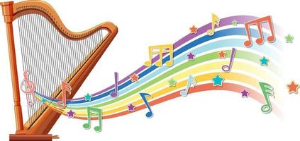 Harfe mit Melodiesymbolen auf Regenbogenwelle vektor