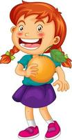 en flicka som håller en orange frukt på vit bakgrund vektor