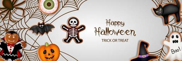 Happy Halloween Banner mit Lebkuchen und Spinnweben vektor