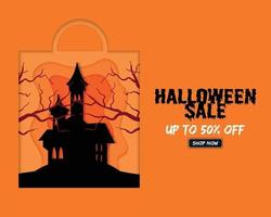 Halloween-Sale-Tasche mit gruseligen Burgzweigen im Papierstil vektor