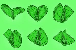 uppsättning gröna blad med handritad stil för grafiska resurser vektor