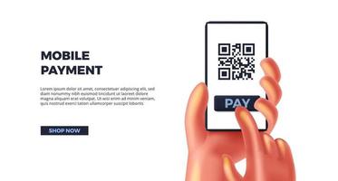 Mobile Payment bargeldlos bezahlen QR-Code mit süßer Hand und Telefon scannen vektor