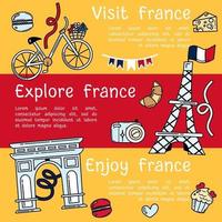 Besuchen Sie Frankreich-Banner mit französischen Wahrzeichen-Symbolen. vektor