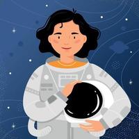 Astronautin steht auf dem Hintergrund des Sternenhimmels. vektor