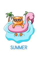 süße und coole katze schwimmt in der sommerkarikaturillustration vektor